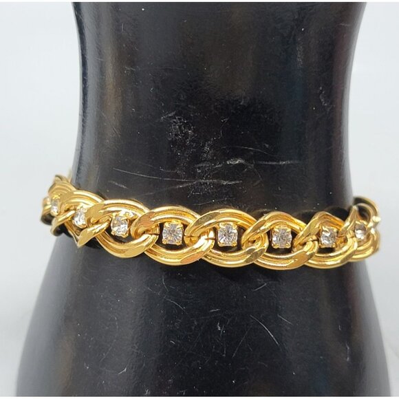 10kgp Diamante Accented Oval Link Bracelet Yellow Gold Plate Rhinestones SZ 6.5 - Picture 2 of 8
